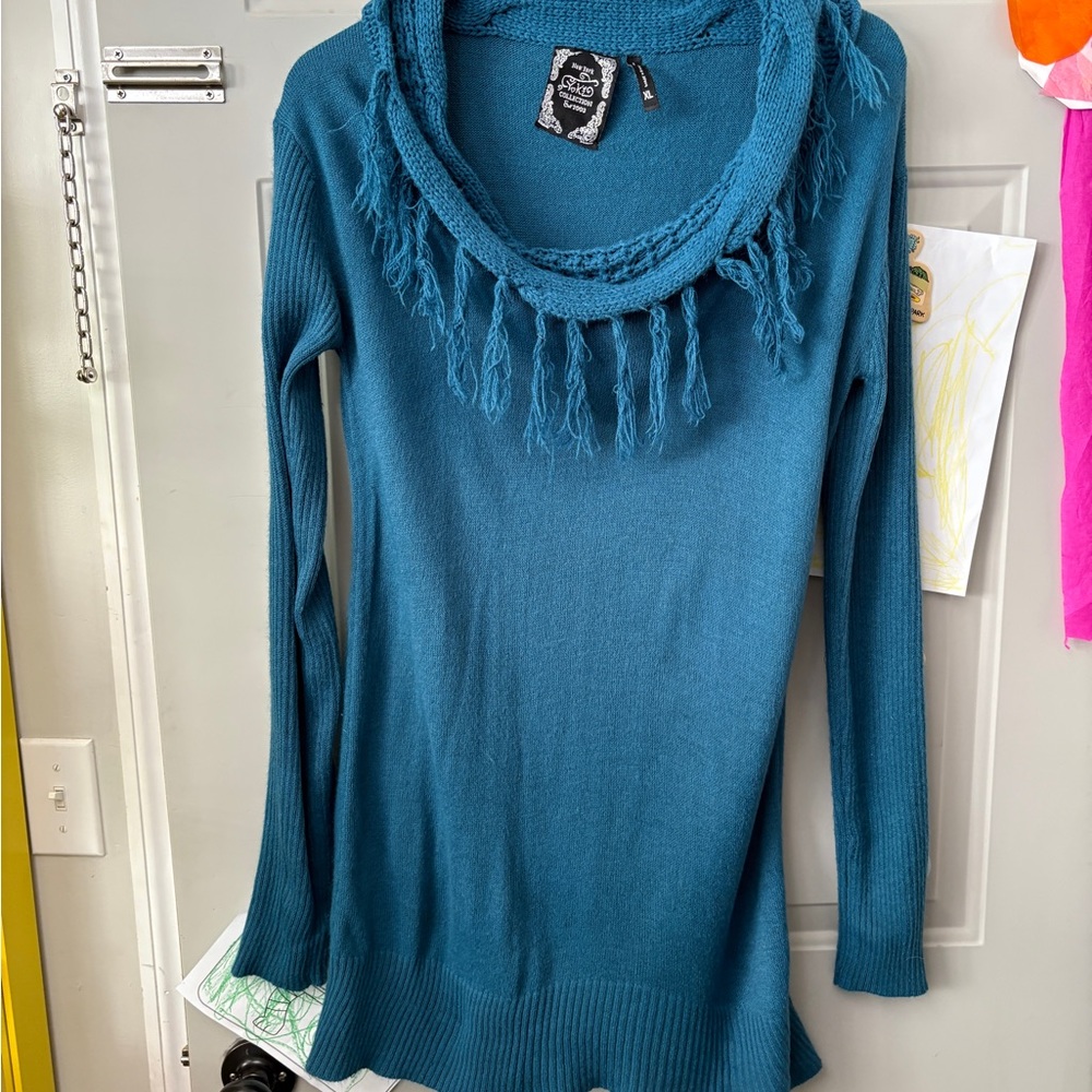 Yoki Turquoise Cowl Neck Sweater with Fringe
